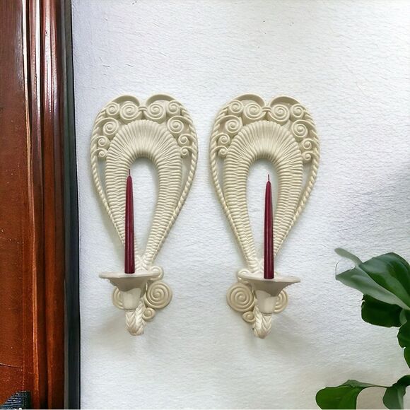 Vintage Burwood White Faux Wicker Swirl Heart Wall Sconce Candle Holder Set of 2 - Picture 1 of 16